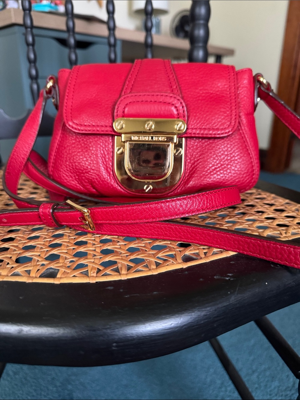 Michael Kors Red Pebbled Leather Crossbody with Gold-Tone Lock